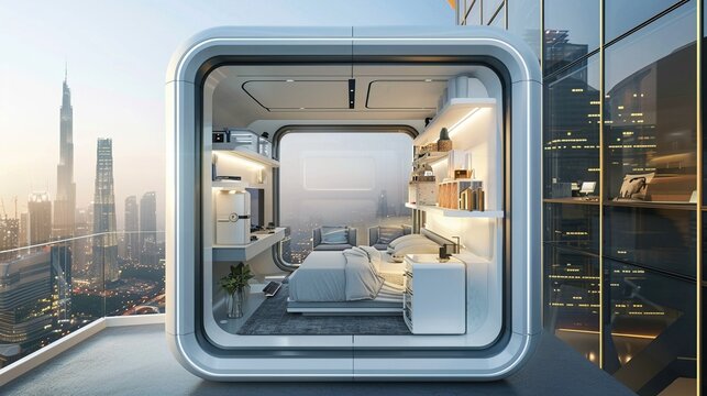 Showcase the intricate design details of a compact living unit within a futuristic highrise building, emphasizing the innovative storage solutions and smart technology integration