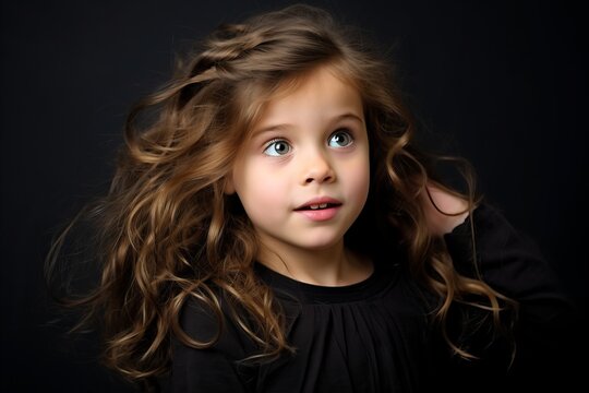 Portrait of a beautiful little girl with long hair on a black background