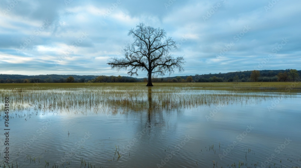 Aufkleber a lone tree stands in the midst of an expansive flooded field its branches weighted down by the cons