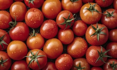Agriculture harvest food photography background - Ripe tomatoes vegetables texture pattern, with waterdrops, top view, flat lay