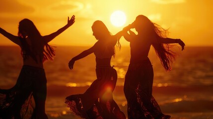 At sunset, gorgeous women dance cheerfully, concept of laughter day