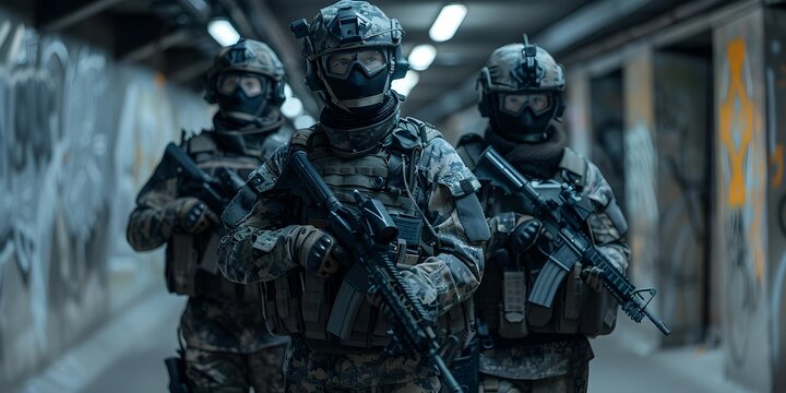 Specialized armed forces unit deployed for rapid urban crisis intervention. Concept Rapid Response Team, Urban Crisis Intervention, Highly Specialized Force, Tactical Deployment Squad