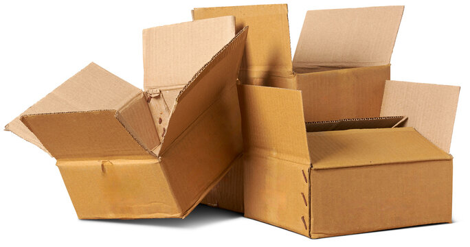 blank corrugated cardboard boxes used in packaging for shipping, storing and protecting, eco-friendly recyclable, biodegradable sustainable choice, mock-up template isolated on white background
