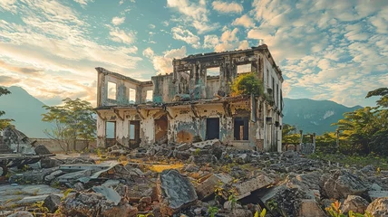 Foto op Canvas A dilapidated structure is surrounded by a heap of debris and an overcast sky. Plants begin to sprout among the rubble as nature begins to recover its territory. © Sawitree88