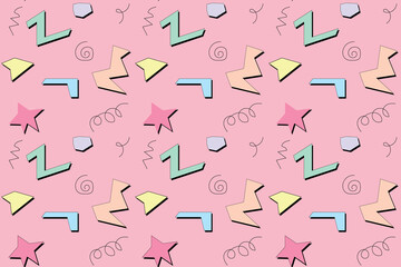 Seamless colorful geomatric hand draw style. Black, pink, blue, red, yellow and green. Chaotic background. pink background-PNG