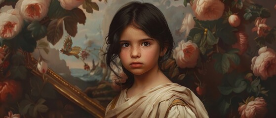 An AIgenerated portrait of a kid with dark hair, wearing rustic peasant drapery attire, embodying the essence of classical beauty while immersed in a cottagecore atmosphere - obrazy, fototapety, plakaty