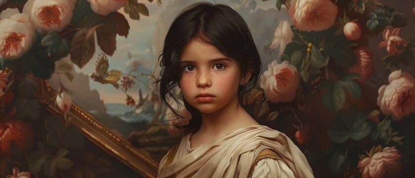An AIgenerated portrait of a kid with dark hair, wearing rustic peasant drapery attire, embodying the essence of classical beauty while immersed in a cottagecore atmosphere