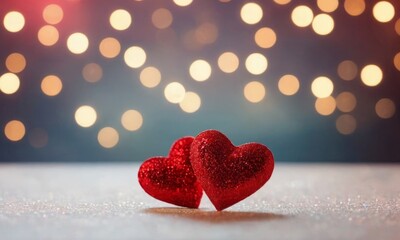 Obraz premium Greeting card with love or birthday celebration, holiday, background, banner illustration - Two red hearts on table with bokeh lights and sparkles