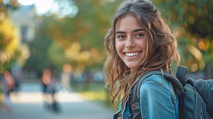 A joyful, cheerful young learner with a rucksack, studying abroad for higher education.