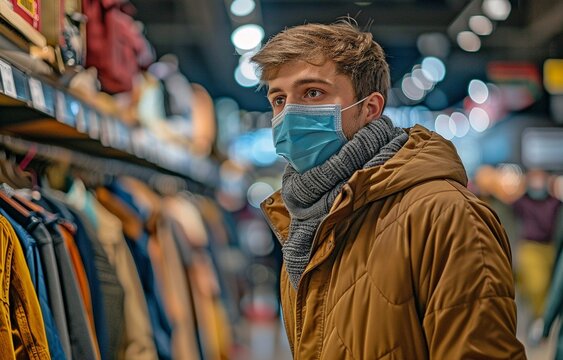 A dashing man wearing a face mask is shopping for clothing in a mall.