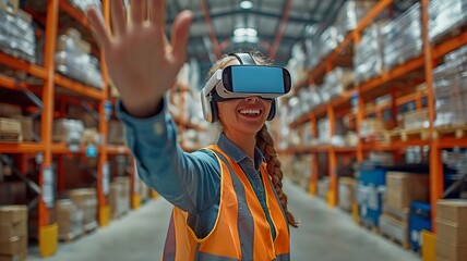 A confident and smiling female warehouse worker with virtual reality glasses.