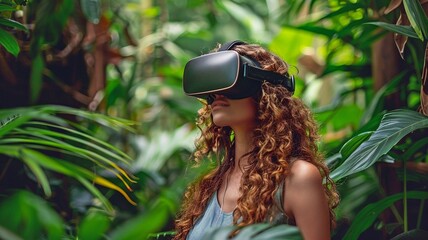 A woman in a lush green forest with a virtual reality headset on.
