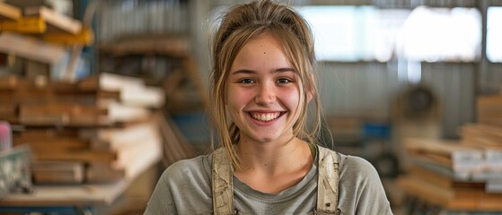 A happy young lady is employed as a carpenter at a factory.