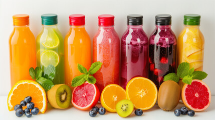 Healthy fruit juices in glass bottles ready for sale.