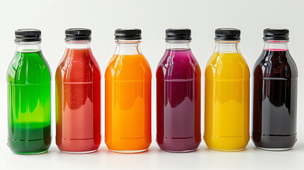 Healthy fruit juices in glass bottles ready for sale.