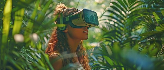 In a lush green forest, a woman is using a virtual reality headset.