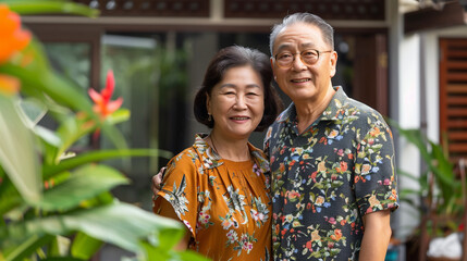 Elderly people standing in front of the house
smile happily