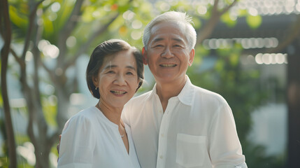 Elderly people standing in front of the house
smile happily