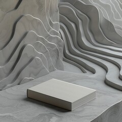 A serene depiction of a book resting on a table in a minimalist style, with a grey color scheme and cinematic quality enhanced by topographic lines in a 3D style - obrazy, fototapety, plakaty