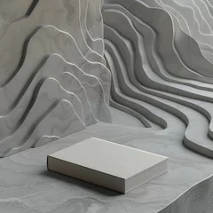 Fototapeten A serene depiction of a book resting on a table in a minimalist style, with a grey color scheme and cinematic quality enhanced by topographic lines in a 3D style © BOMB8
