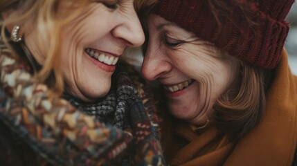 close-up of two contented, older women friends cuddling and laughing together, international laughter day