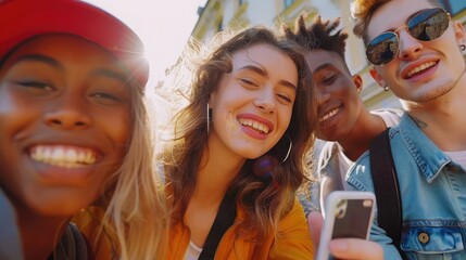 Close-up shows a diverse group of pals smiling and snapping selfies on the street. A cheerful interracial group of young hipsters poses for a picture outside and looks at the camera. laughter day - obrazy, fototapety, plakaty