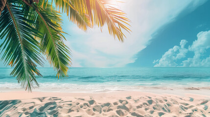 Fototapeta na wymiar Beautiful Tropical Beach Banner: White Sand and Coco Palms Travel Tourism Wide Panorama Background Concept