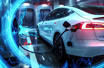 Obraz na płótnie Canvas A white car is charging its battery