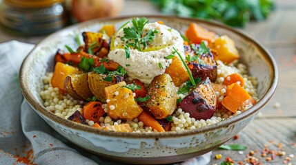 Vibrant Mediterranean Couscous Salad Fresh Colorful and Nutritious Bowl with Roasted Veggies Hummus and Parsley Garnish