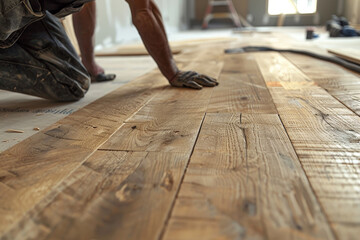 A close-up of a contractor installing new hardwood flooring during a home renovation. - obrazy, fototapety, plakaty