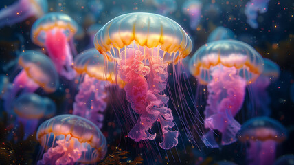 A group of jellyfish with pink and yellow bodies are floating in the ocean