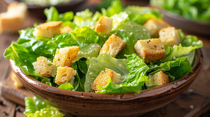 Close-up of a freshly prepared Caesar Salad on a rustic wooden table near a sunlit window - obrazy, fototapety, plakaty