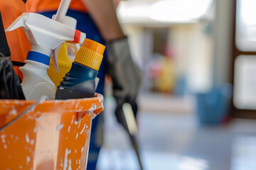 A close-up shot of a bucket filled with cleaning supplies, with a professional cleaner at work in the background.