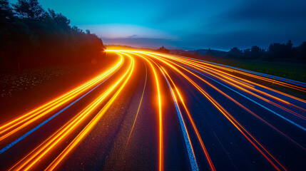 Fototapeta na wymiar Nighttime Traffic Flow on Highway, Speeding Lights in Urban Road Scene