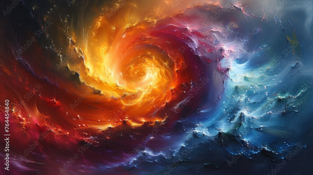 Poster an abstract painting of swirling colors resembling a cosmic explosion representing the electric natu