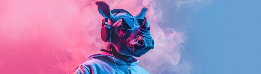 Naklejka premium Futuristic Cyborg Portrait in Vibrant Neon Lighting and Surreal Digital Composition