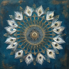 Circular mandala created from white peacock feathers and gold chains on an abstract teal blue background.