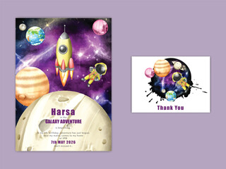 birthday invitation card template with cute space boy illustration