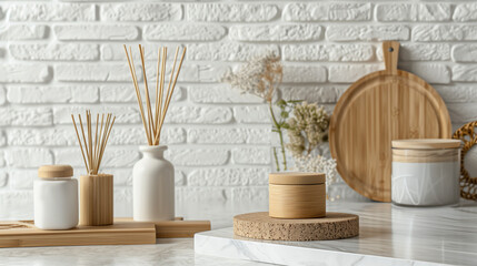 Minimalistic mockup of a spa product presentation on a white wooden table with copy space, the background is a white brick wall with natural decor and plants. Spa products. Candle aromatic.