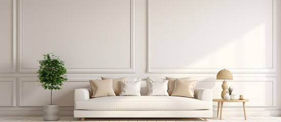A digital representation of a pale-colored couch adorned with soft supports and plant decor in a room for relaxation