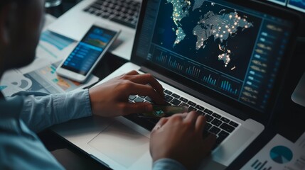 Fototapeta premium Global Market Analysis Economic Researcher Engages with Data on Laptop and Smartphone for RealTime Updates