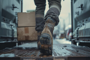 A close-up shot of a mover boots, stepping down from the container truck with a box in hand. - obrazy, fototapety, plakaty