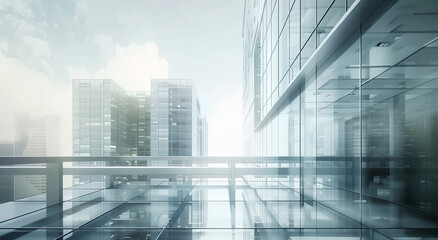 A city skyline with a glass building in the middle