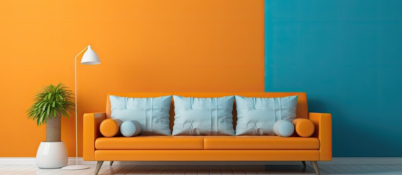 A comfortable couch placed in a living space with vibrant orange walls, creating a warm and inviting atmosphere