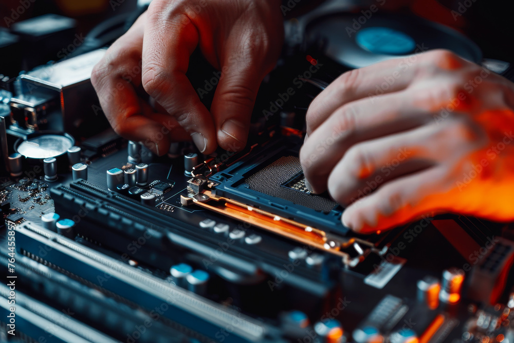 Poster a close-up shot of a person hands, standing and applying thermal paste to a computer processor