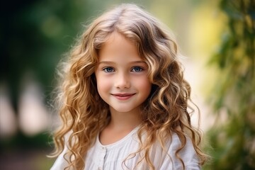 Portrait of a beautiful little girl with long blond curly hair outdoors