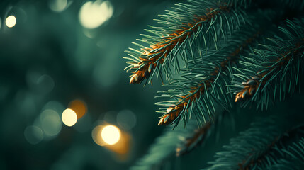 Christmas tree branches with bokeh lights on blurred background