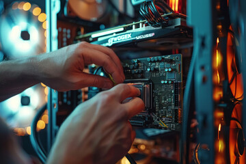 A close-up shot of a person hands, standing and replacing a graphics card in a computer tower. - Powered by Adobe