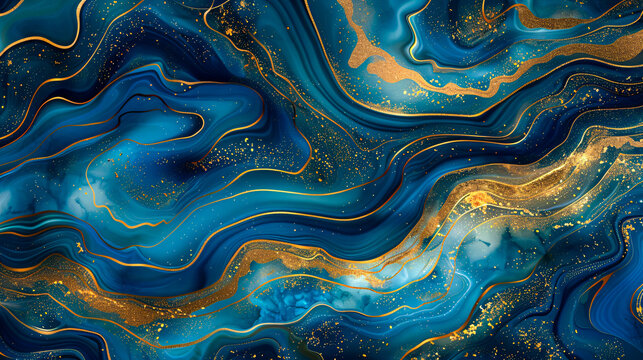 Blue and Gold Marble Effect, Luxury Liquid Art Pattern