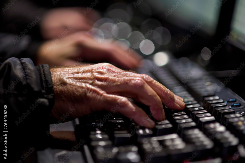 Poster a close-up shot of a person hands, standing and typing on a computer keyboard.